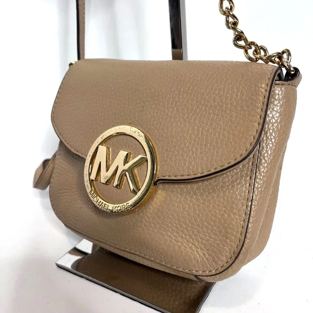 Michael Kors Small Fulton Tan & Gold Pebbled Leather Crossbody